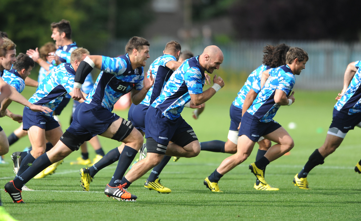 Grant Gilchrist, Alasdair Strokosch and Peter Horne - Scotland, during sprint training. Scotland rugby union training session