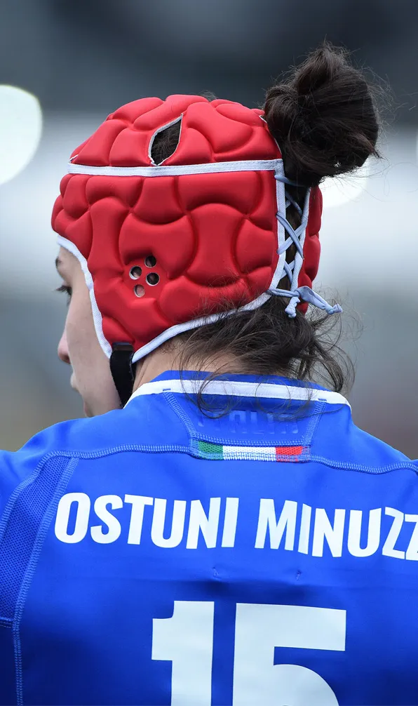Womens Rugby Headguards Female Italian rugby player wearing a headguard during the 6 Nations tournament