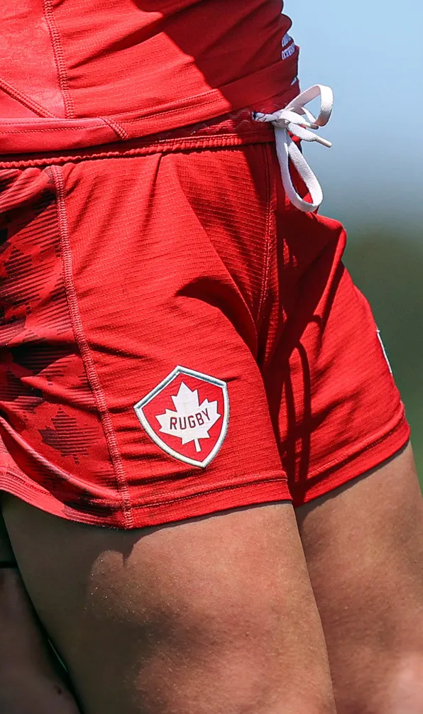 Womens Rugby Shorts Ladies Canadian rugby player wearing red home rugby shorts