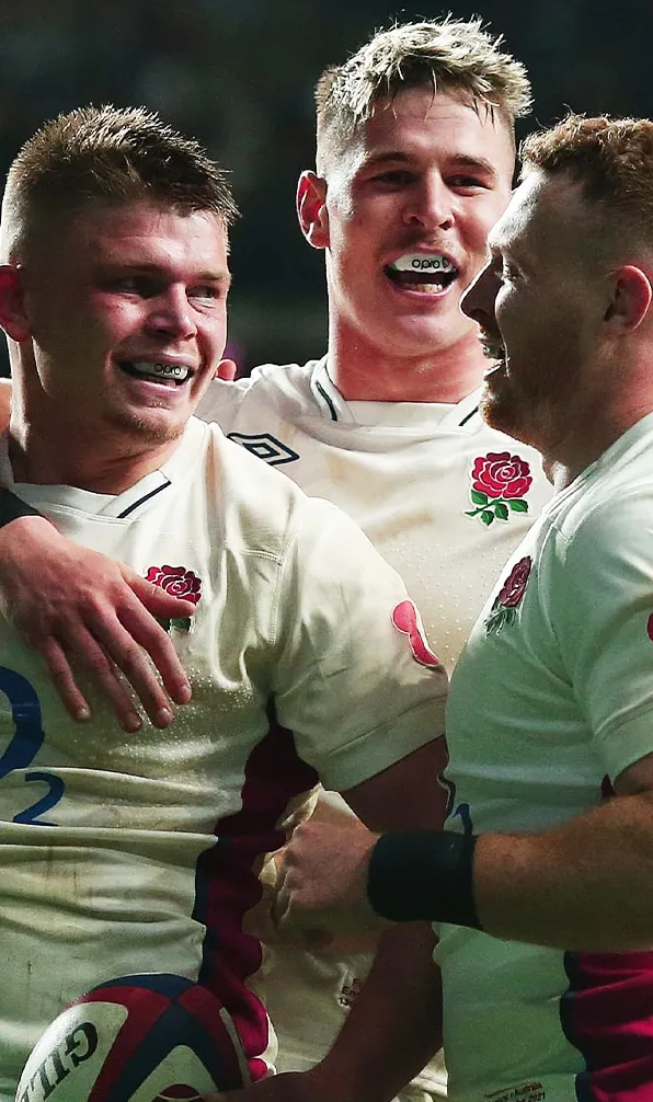 Opro International Rugby Team Mouthguards England players smile showing they're Opro mouthguards during a match