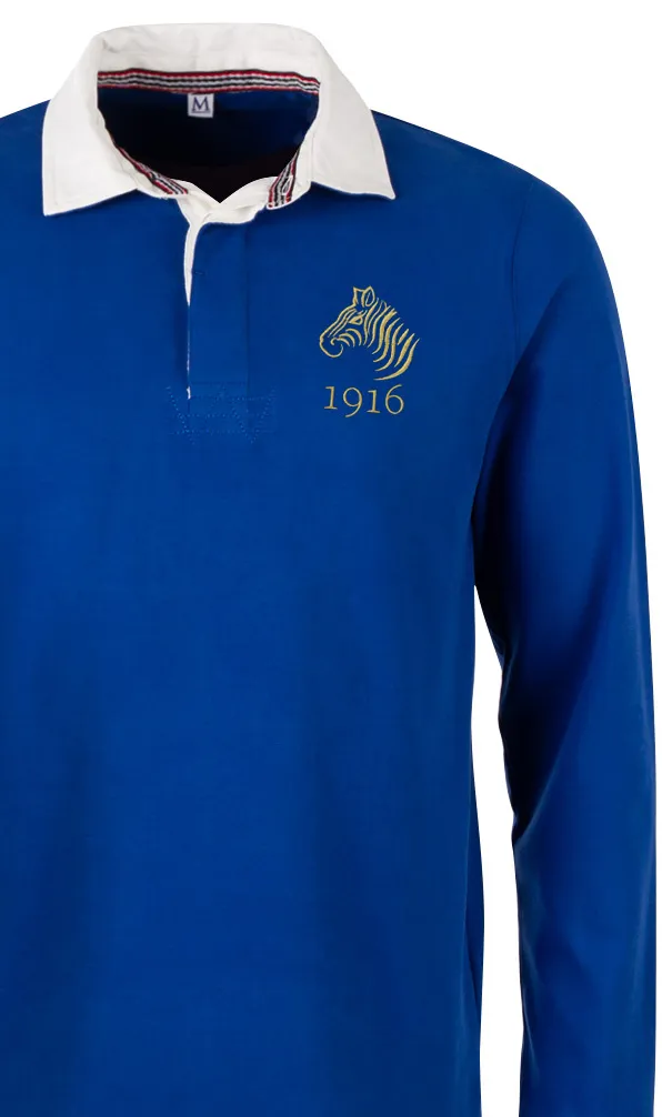 Namibia Rugby Classics A classic royal blue rugby shirt with the Namibian zebra embroidered on the chest in gold