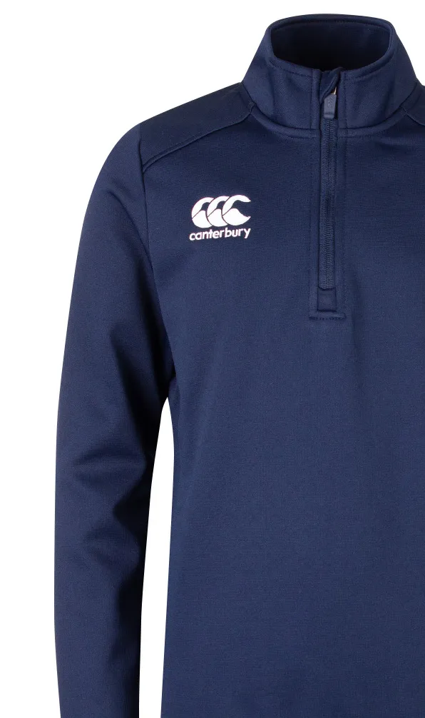 Canterbury Rugby Teamwear An image of a Canterbury team wear quarter zip training top in navy on a white background