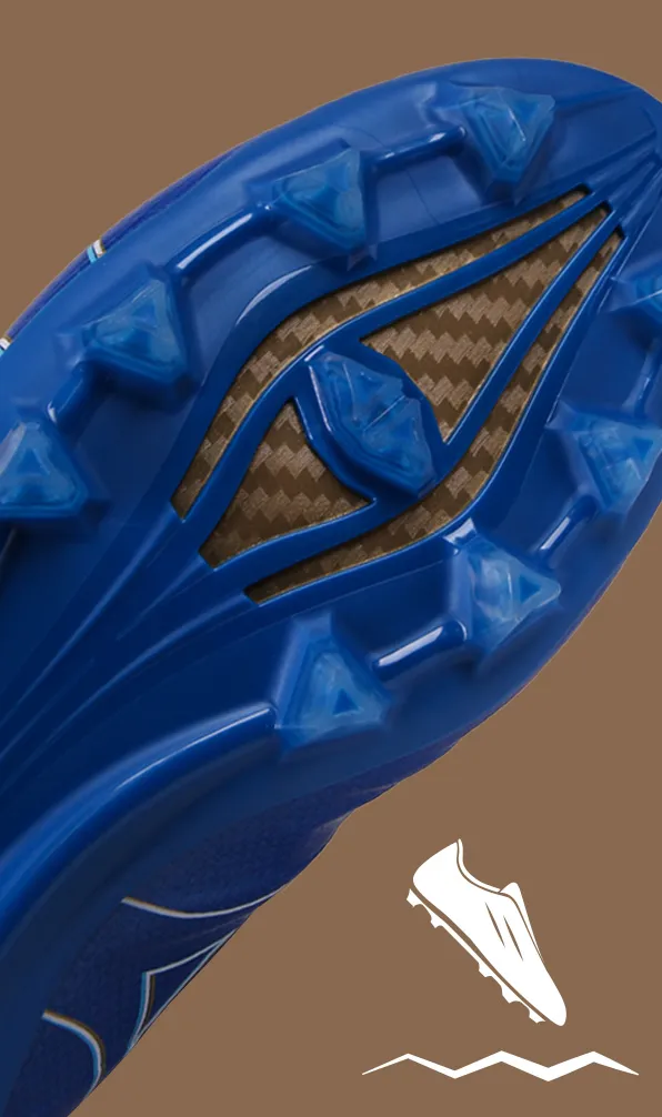 Firm Ground Rugby Boots Sole plate of some Mizuno firm ground rugby boots in blue on a brown background