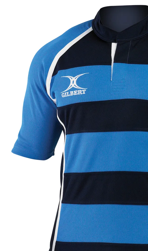 Gilbert Rugby Teamwear A Gilbert Xact rugby match shirt in navy and sky hoops on a white background