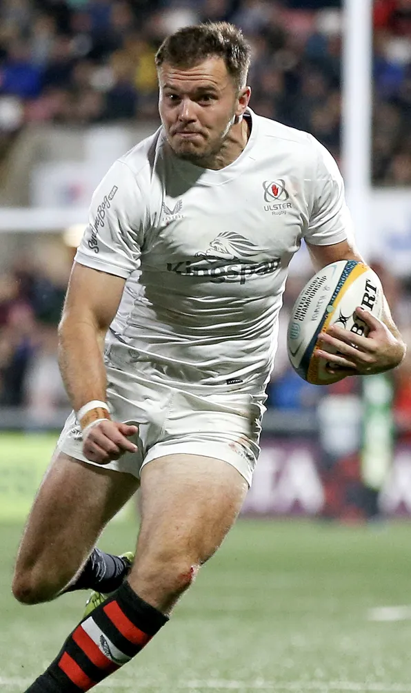 Shop Ulster Now Jacob Stockdale races clear to score during the URC Round 5 clash between Ulster Rugby and the Ospreys