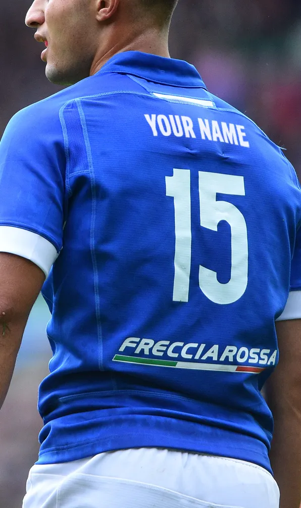 Shop Gifts to Personalise Now Back of an Italian Player's rugby shirt - showing the text 'Your Name' to reference personalised items of clothing