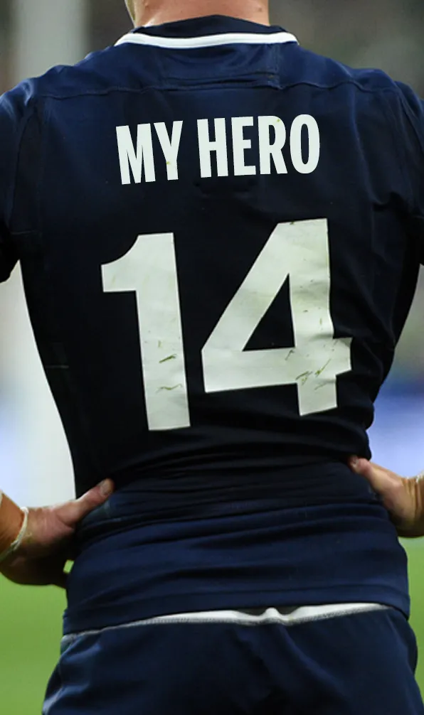 Create Your Own Hero Now Back of a rugby player's shirt with the words 'My Hero' across the shoulders