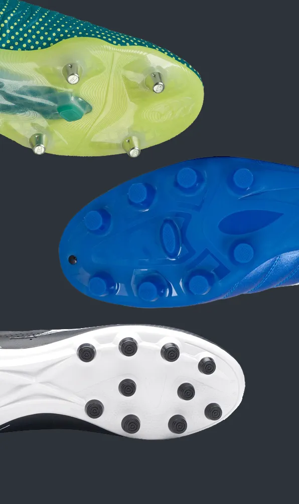 Shop All Boots Now Sole plate shots of various high quality rugby boots on a dark grey background