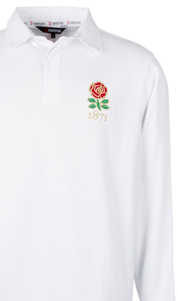 Heritage Rugby Shirts A traditional white England rugby shirt with an embroidered red rose crest celebrating the England Rugby team.