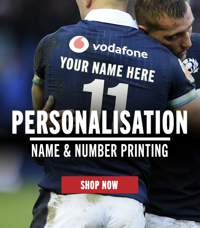 Shop Personalisation Now Back of player's rugby shirt with 'your name here' printed across