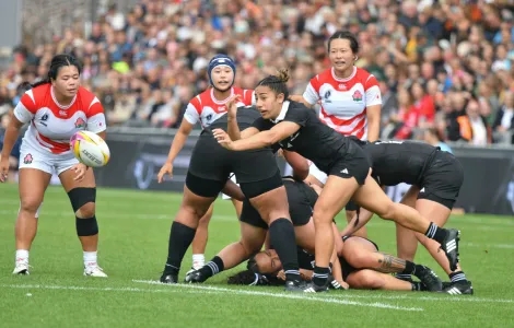 August News Webp Black Ferns in possession during their victory over Japan in the 2025 Women's Rugby World Cup.