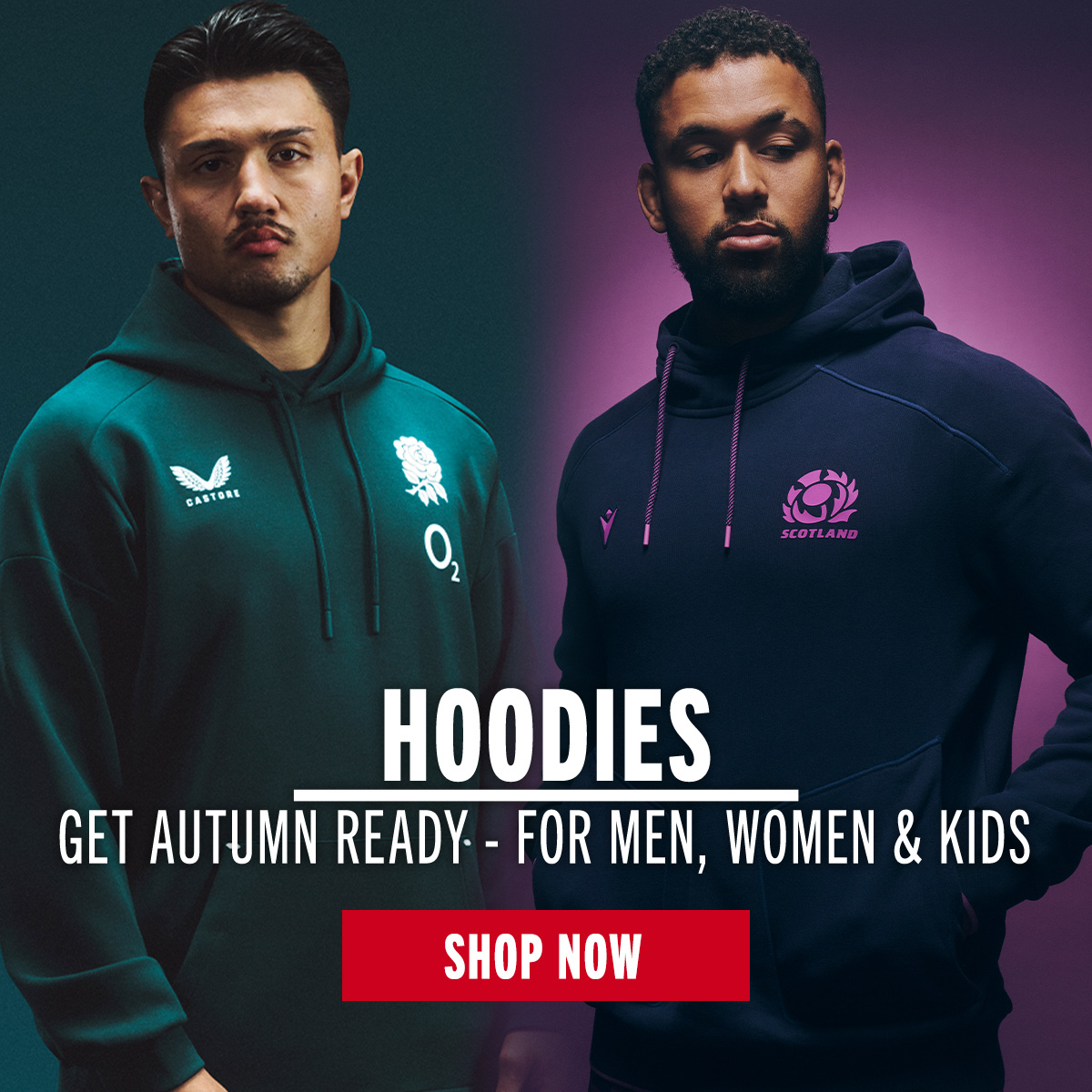 Get Autumn Ready with a great hoodie Montage image showing an England rugby y player and a Scotland rugby player wearing hoodies.