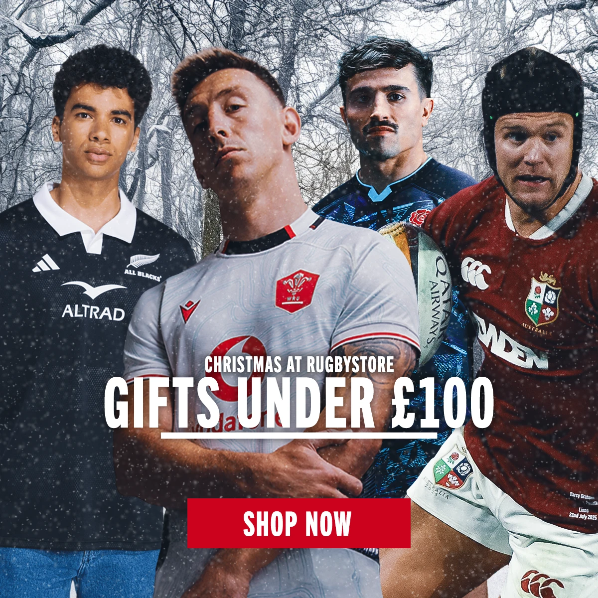 Christmas Gifts Under £50 A montage of rugby players in front of a winter scene