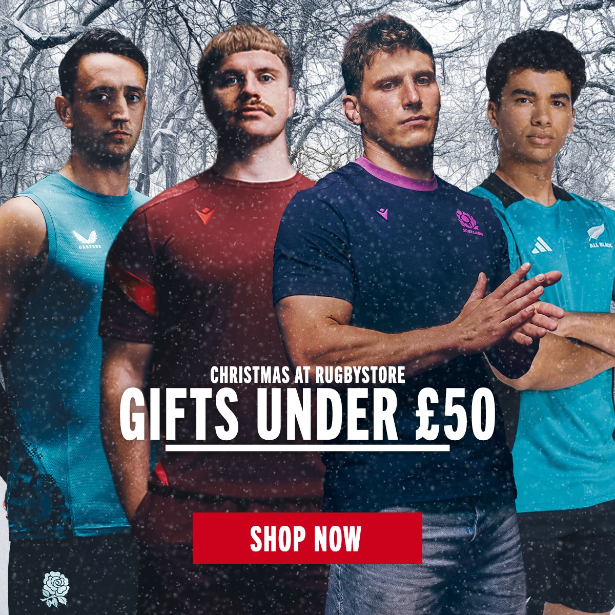Christmas Gifts Under £50 A montage of rugby players in front of a winter scene
