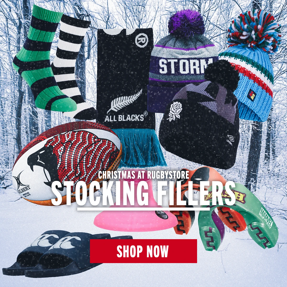 Stocking Filler Christmas Gifts A montage of Christmas gift stocking fillers over a snowy woodland backdrop