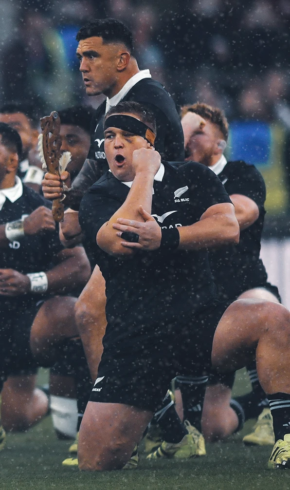 New Zealand All Blacks rugby players perform the Haka