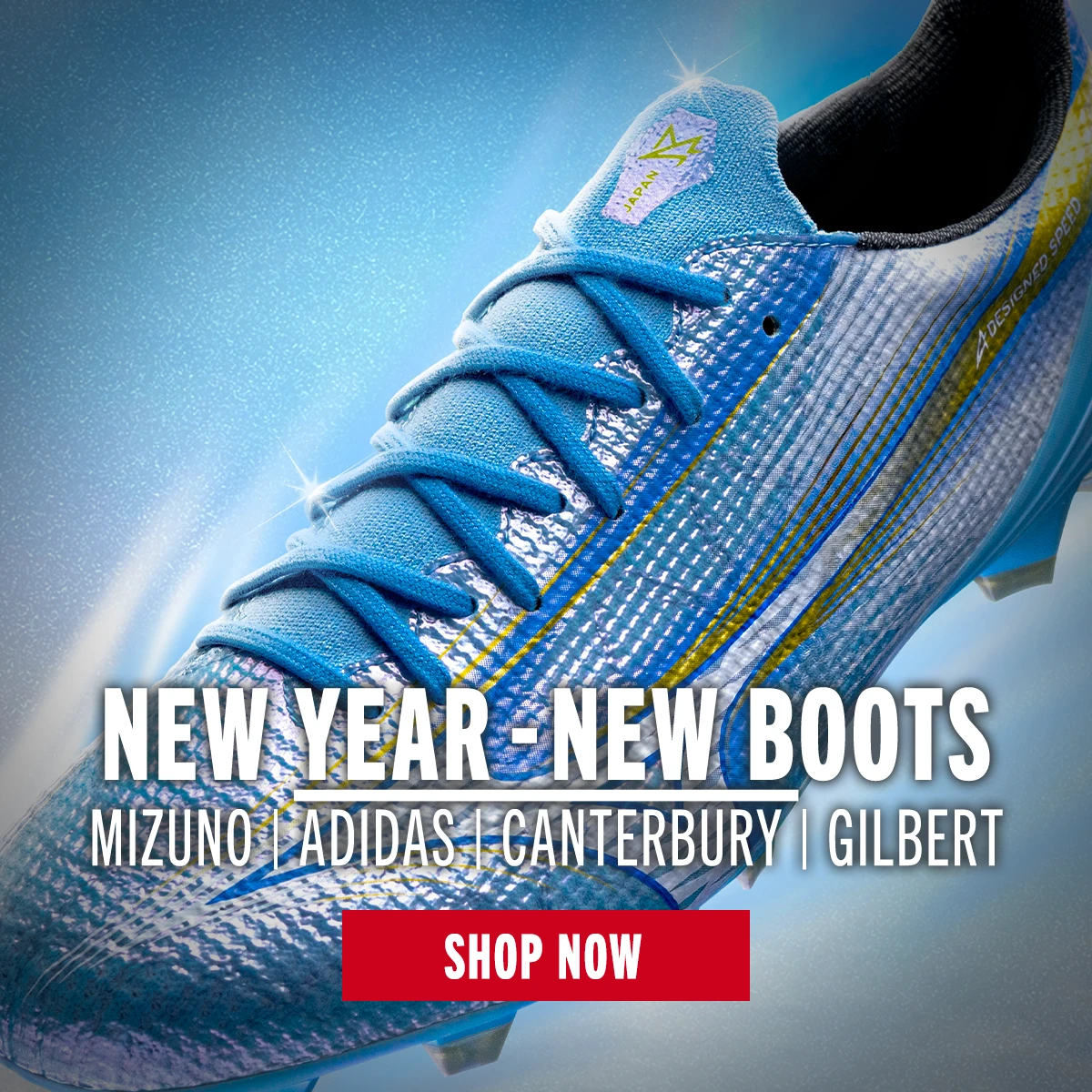 NEW YEAR - NEW BOOTS A Mizuno rugby boot floating in a clear blue sky