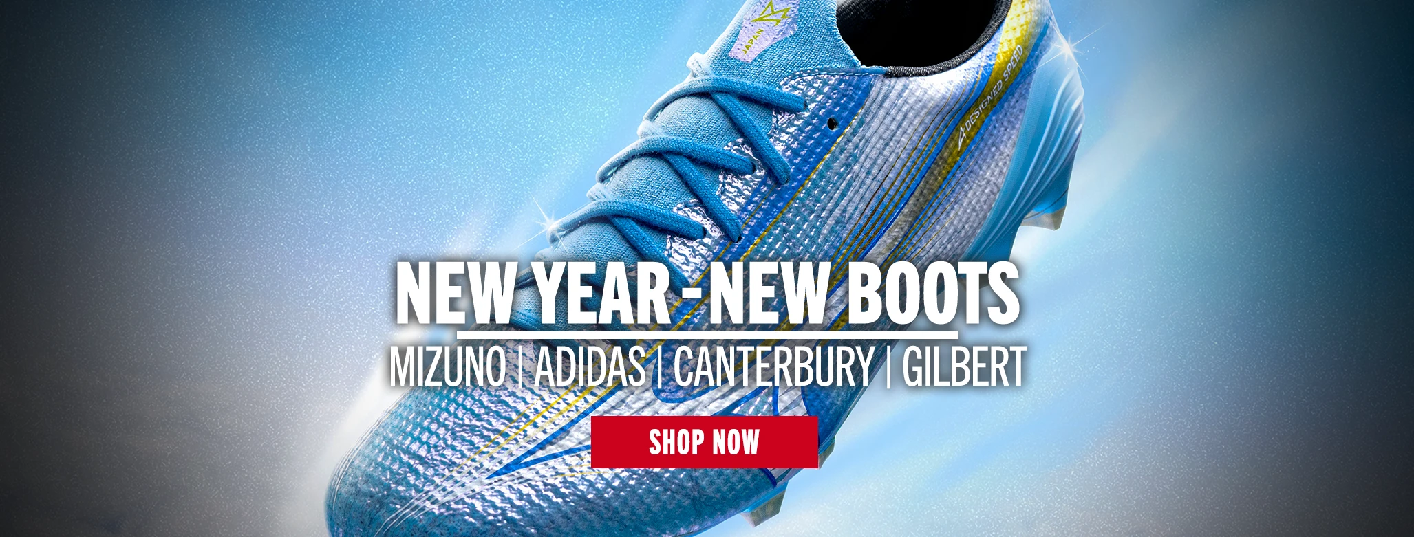 NEW YEAR - NEW BOOTS A Mizuno rugby boot floating in a clear blue sky