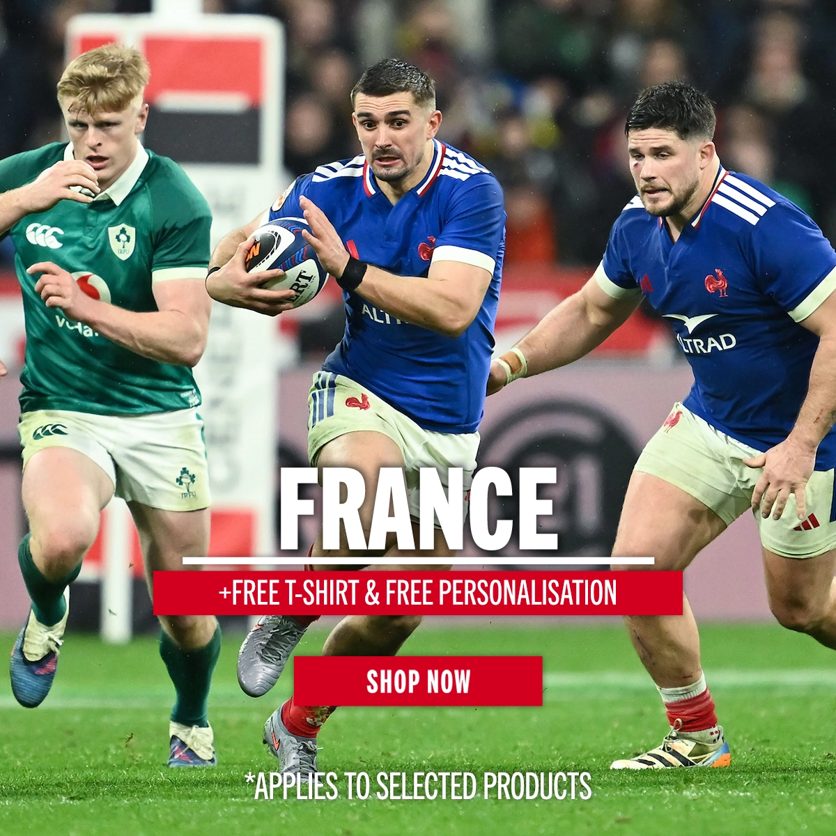 Thomas Ramos makes a line break in France's 2026 6 nations win against Ireland in Paris.