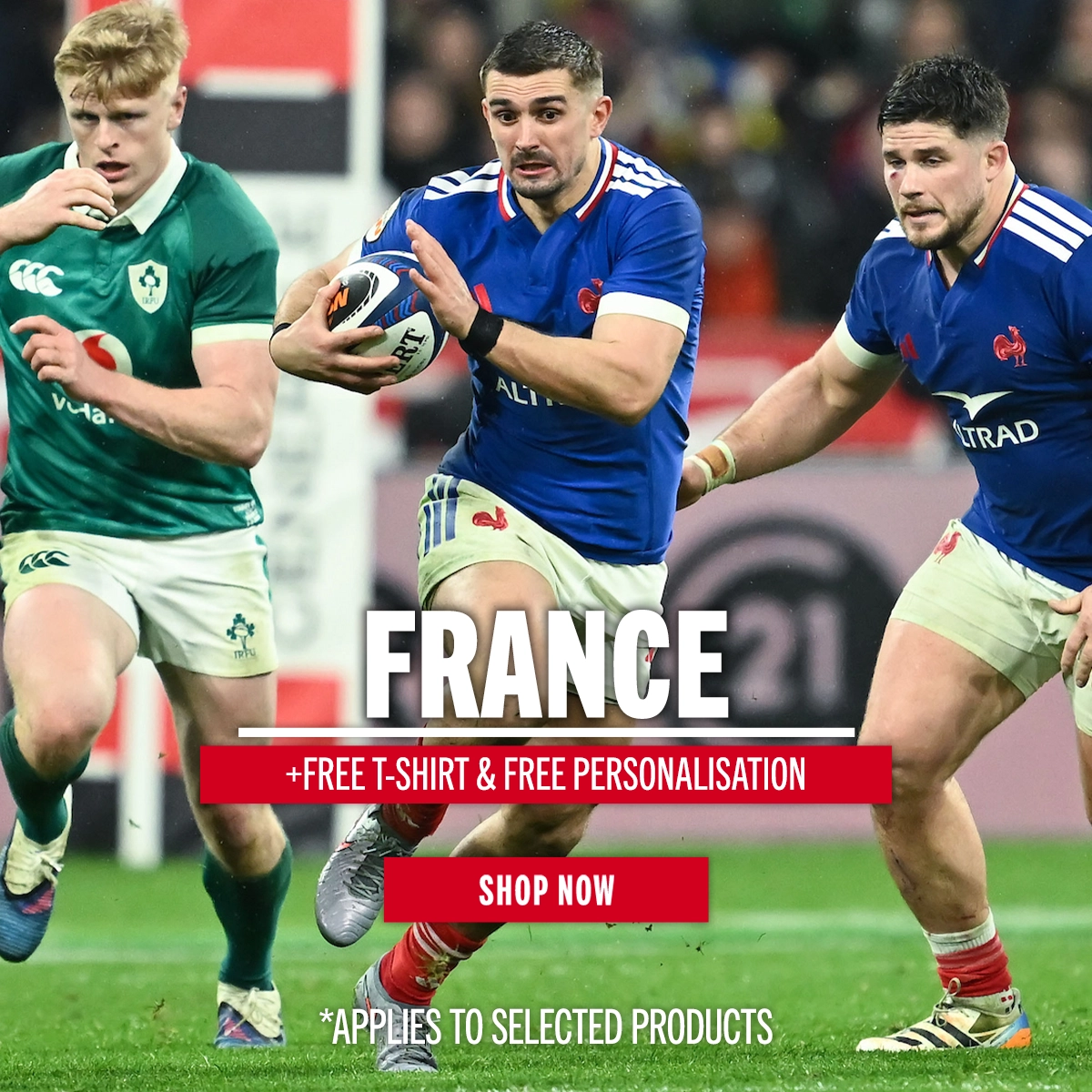 France rugby clothing at Rugbystore Thomas Ramos makes a line break in France's 2026 6 nations win against Ireland in Paris.