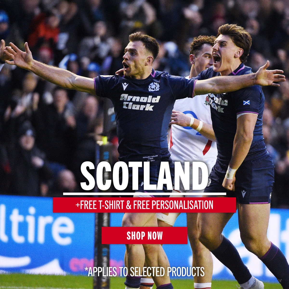 Scotland Free T-Shirt & Free Personalisation at Rugbystore Scotland's Ben White celebrates scoring a try with Tom Jordan as they beat England in the 2026 Calcutta Cup.