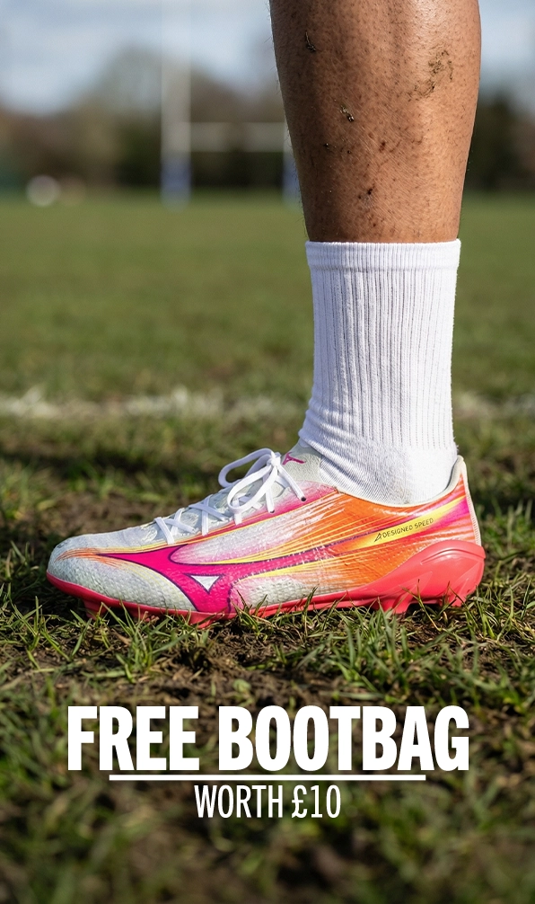 The latest pair of rugby boots from the Mizuno Blazing Flair launch on a rugby pitch.