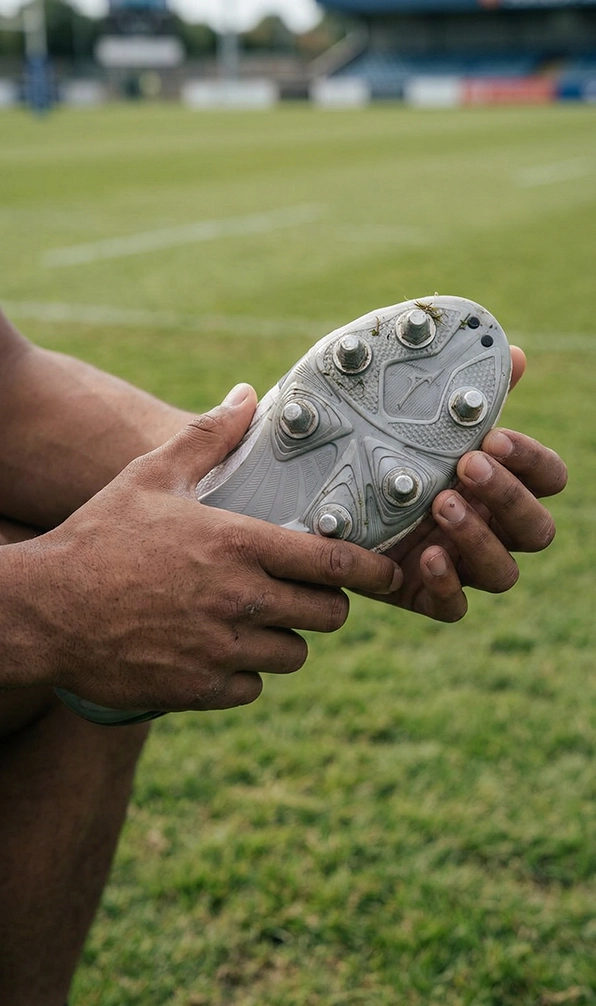 Soleplate of a pair of soft ground rugby boots.