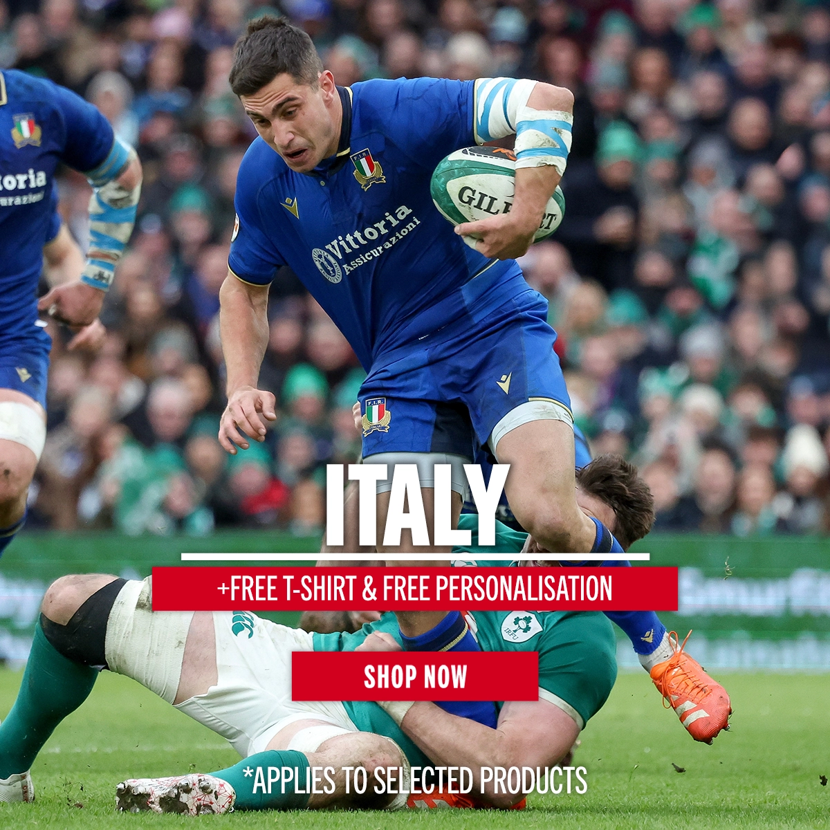 Italy Free T-Shirt & Free Personalisation at Rugbystore Italy look to break the line as they battled battled against Ireland in the 2026 6 Nations.