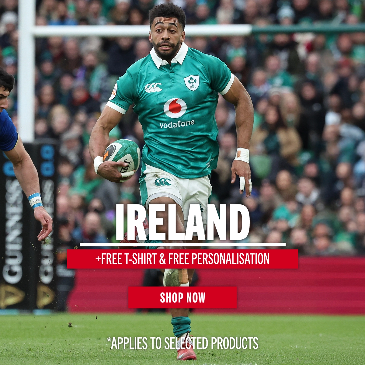 Ireland Free T-Shirt & Free Personalisation at Rugbystore Baloucone runs around the defender as he looks to score for Ireland in their 2026 6 Nations clash against Italy.
