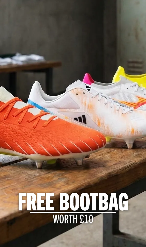 The latest boots from Canterbury, Adidad, Mizuno and Oxen all feature on a bench in a rugby changing room.