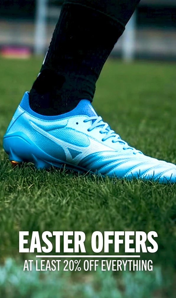 A close up image of a pair of a Mizuno rugby boot in blue.