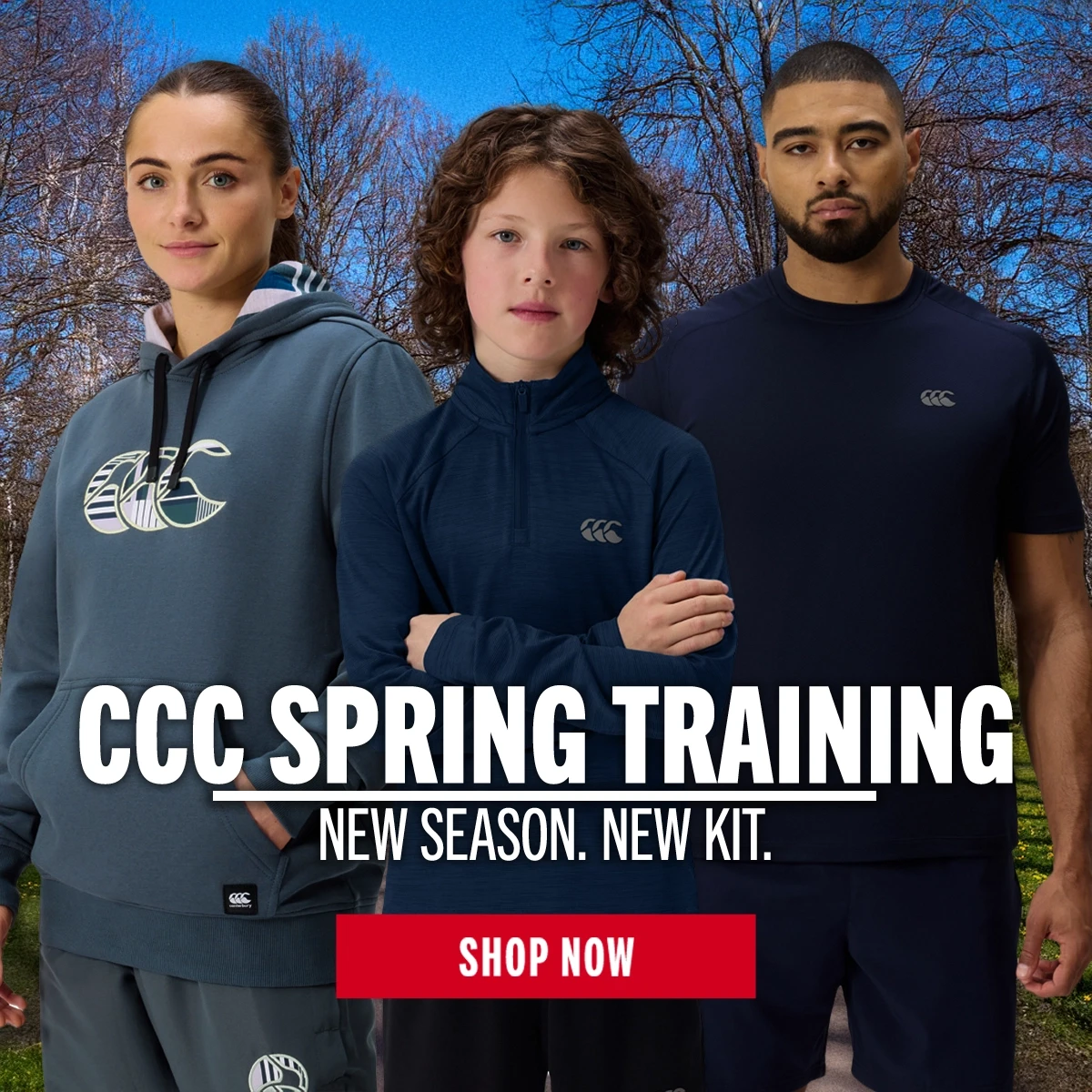 Canterbury 2026 Spring Collection A group of three athletes, a man, and a woman women and a youth, stand facing the camera. They are all wearing clothing from the Canterbury 2026 Spring clothing collection.