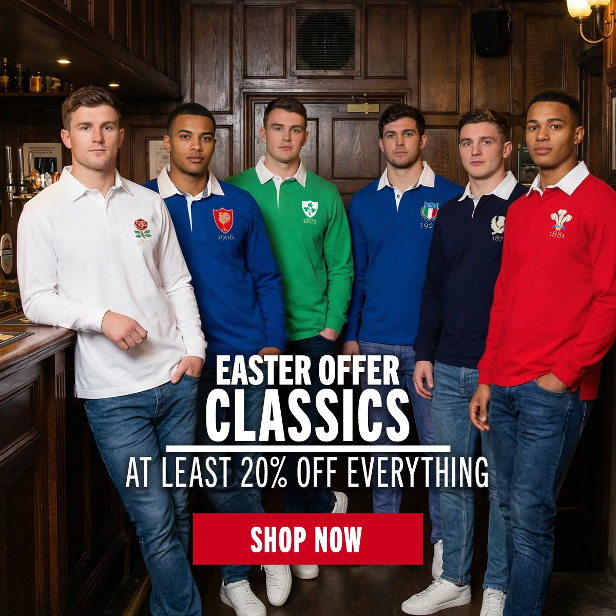R1823 Classics at Rugbystore Fans of the 6 Nations sides represent their country in a pub. With England, Scotland, Ireland, Wales, Italy and France all represented.