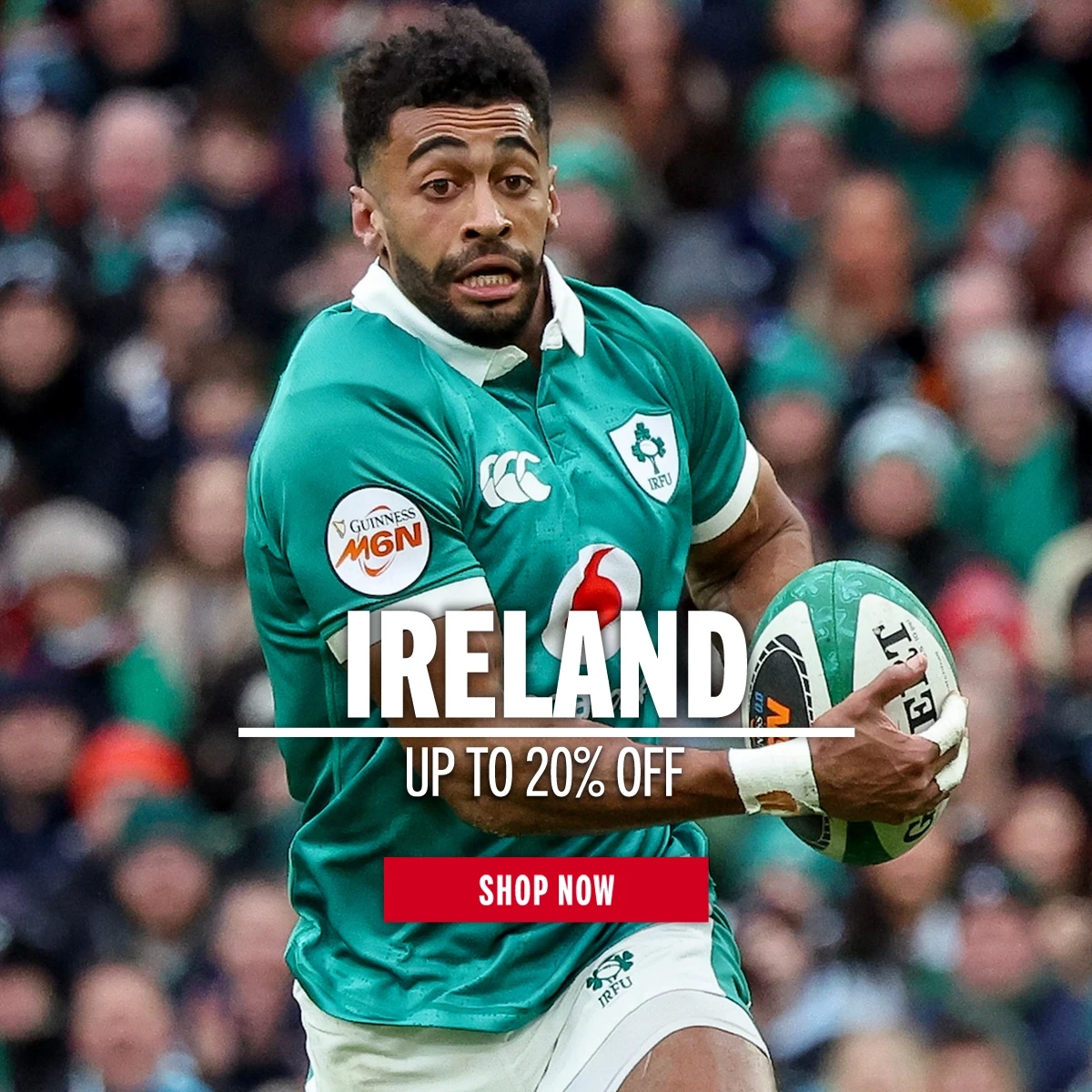 Ireland Rugby Ireland Rugby players, Robert Baloucoune, run with the ball. He is playing in the 6 Nations tournament in 2026.