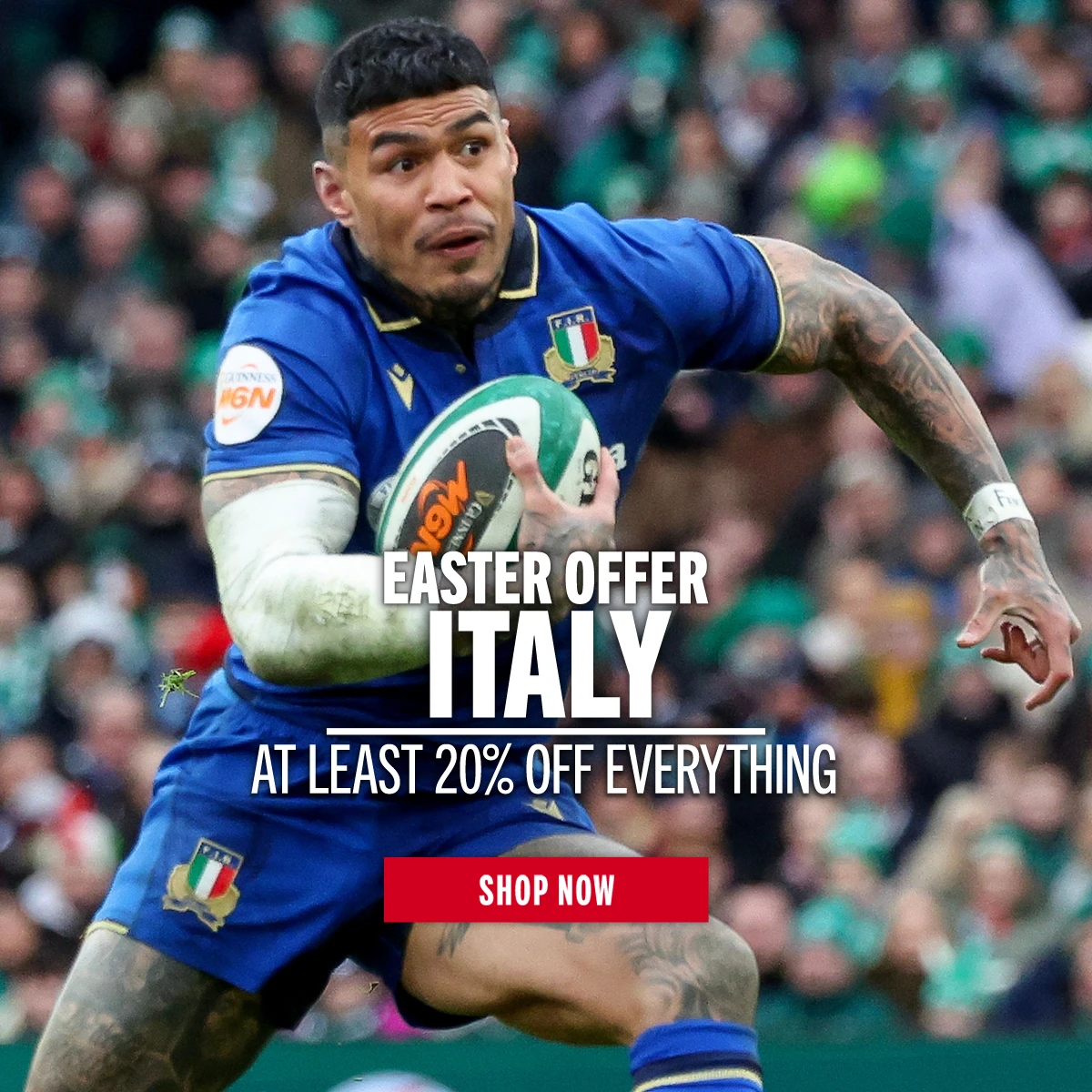 Shop Italy Easter Offers Italy rugby player, Monty Ioane, runs with the ball and sidesteps an opposition player. He is playing in the 6 Nations tournament 2026.