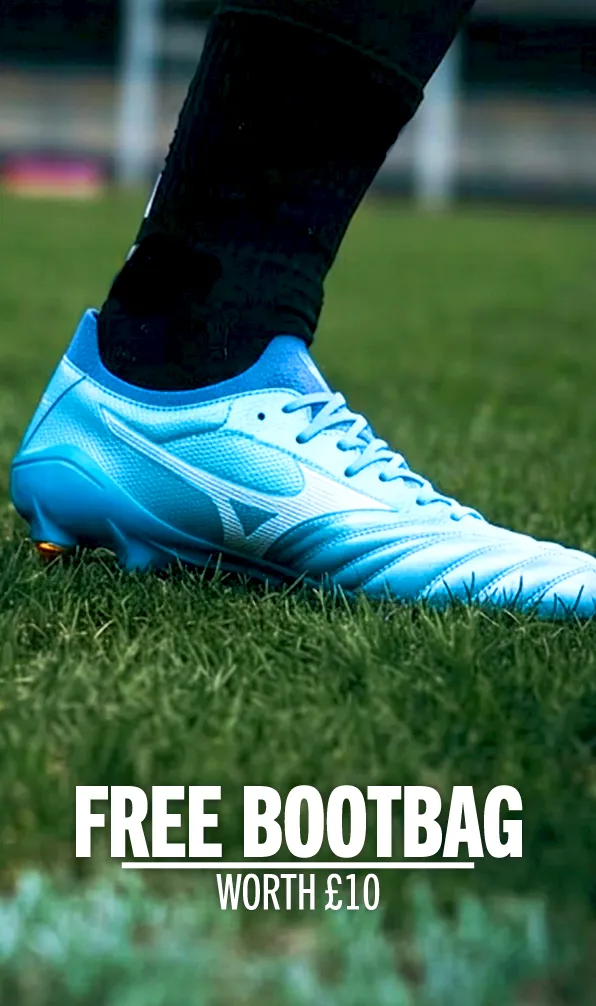 The latest pair of rugby boots from the Mizuno Blazing Flair launch on a rugby pitch.