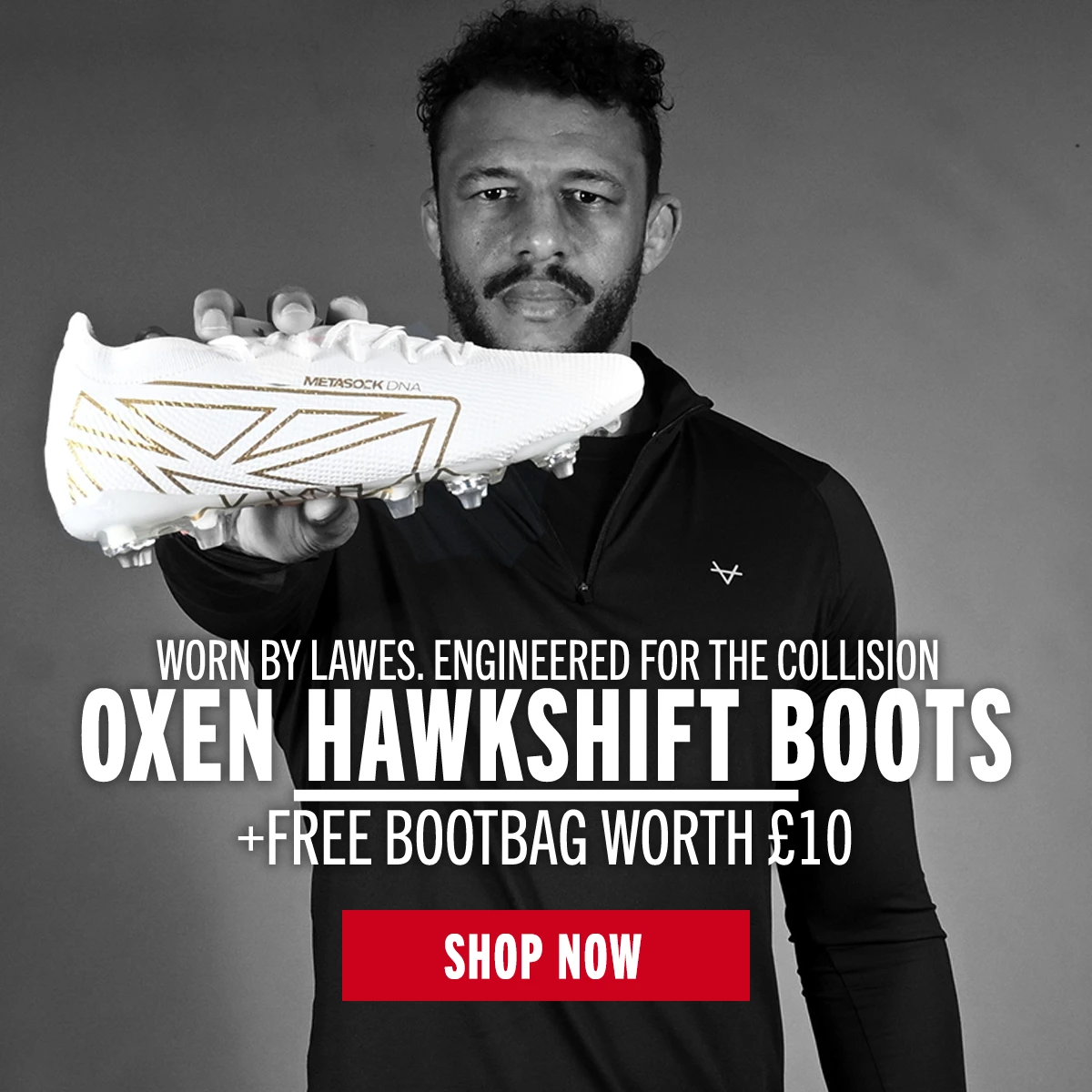 Oxen Metasock Hawkshift Courtney Lawes Signature Rugby Boots Former England international Courtney Lawes holds his new signature boot from Oxen, the Metasock Hawkshift.