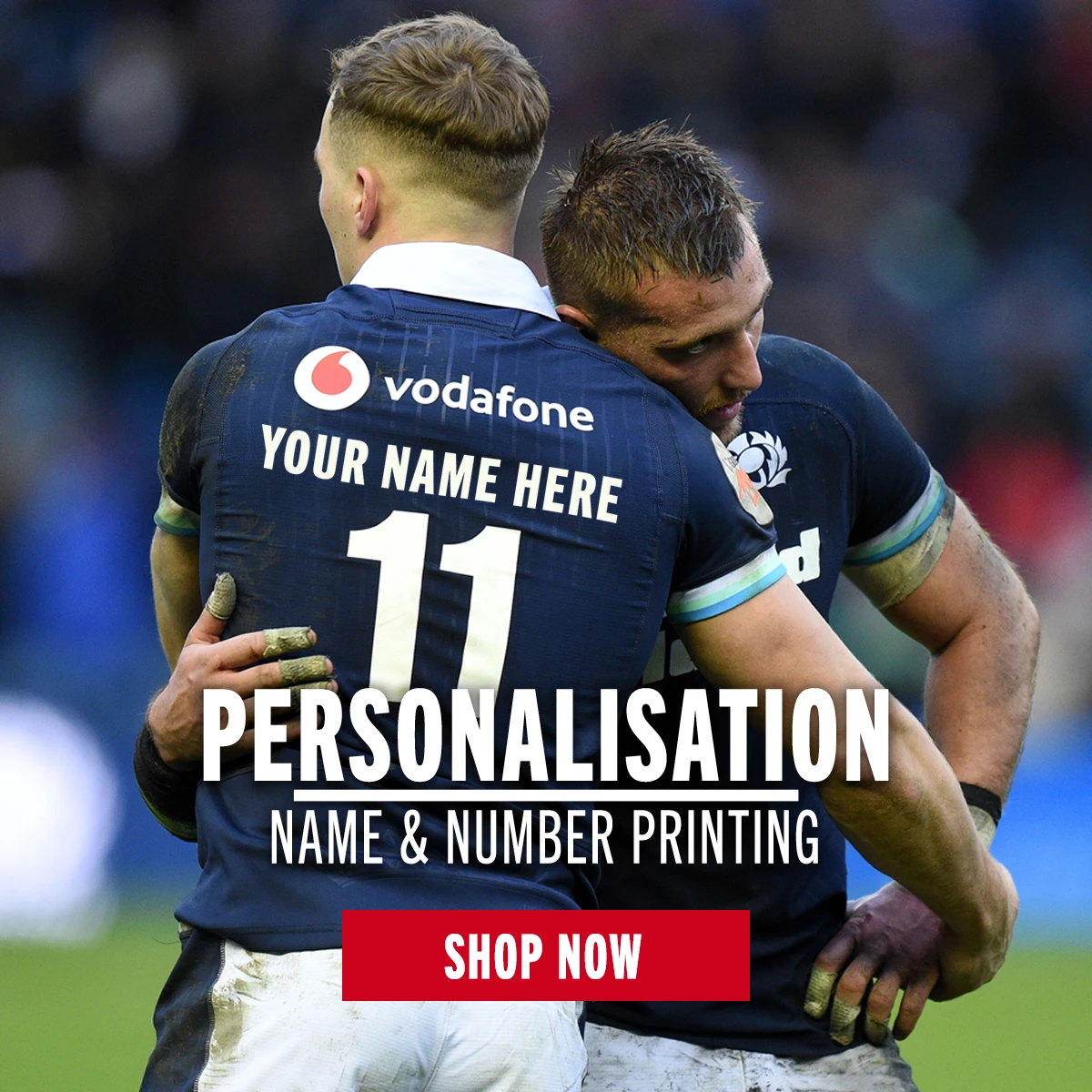 Back of player's rugby shirt with 'your name here' printed across