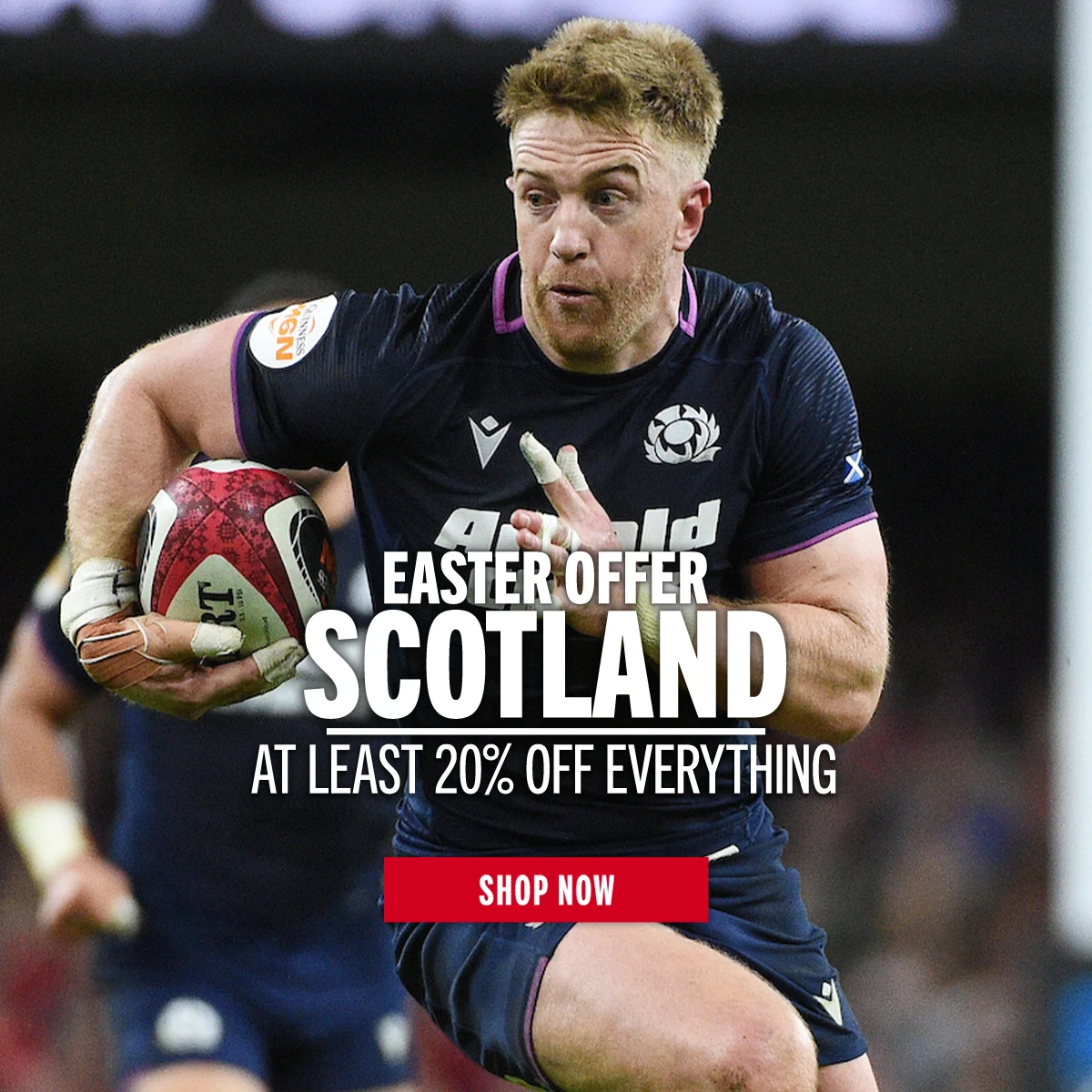 Shop Scotland Easter Offers Scotland rugby player Kyle Stein runs with a rugby ball under his arm.