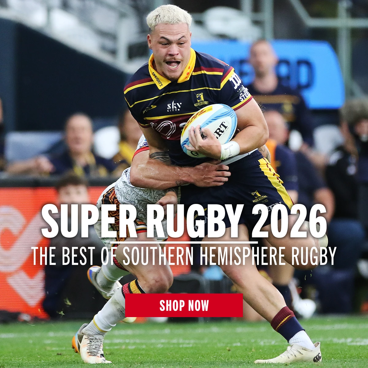 Shop Super Rugby 2026 at Rugbystore Highlanders' Caleb Tangitau makes a line break against the Chiefs in the Forsyth Barr Stadium in Dunedin.