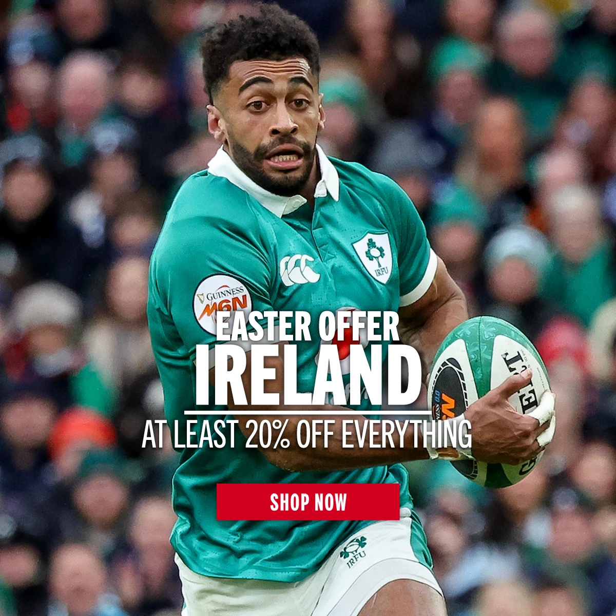 Shop Ireland Easter Offers Ireland Rugby players, Robert Baloucoune, run with the ball. He is playing in the 6 Nations tournament in 2026.
