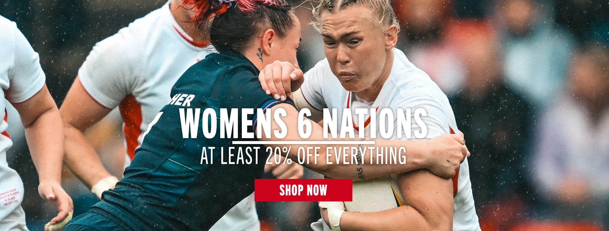 Womens 6 Nations 2026 An England Womens Red Roses player is tackled by a Scotland womens player in the Womens 6 Nations tournament.