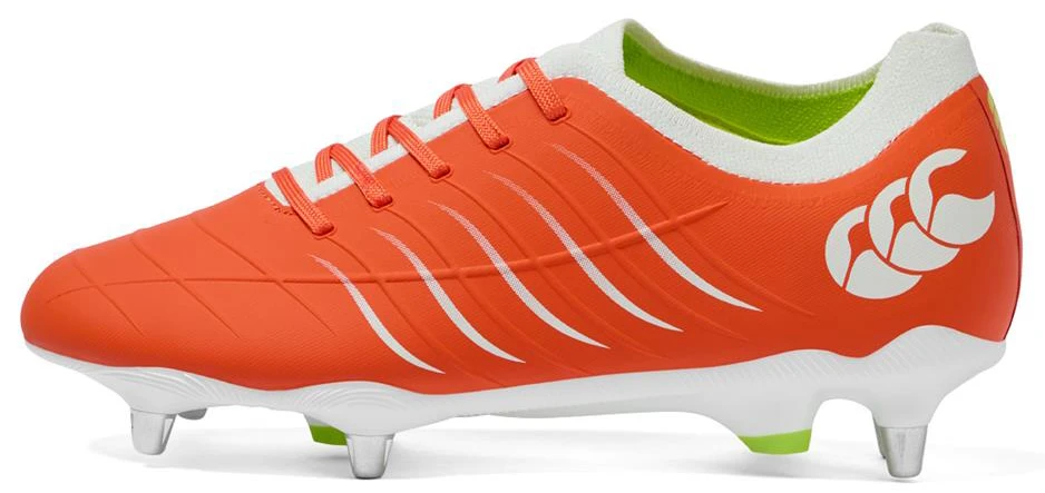 A pair of the Canterbury Adults Phoenix 2.0 Pro Soft Ground Rugby Boots in orange.