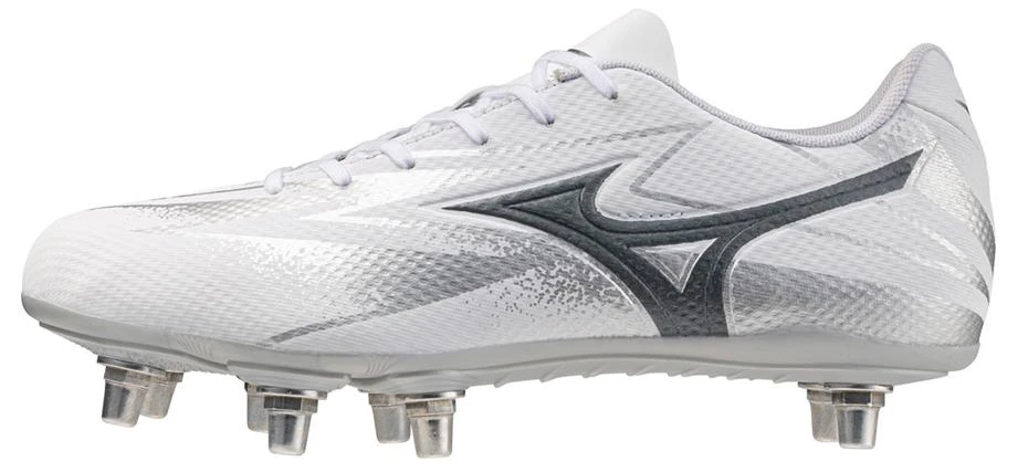 A pair of the Mizuno Adults Waitangi Pro Soft Ground Rugby Boots in White/Metalic Gray