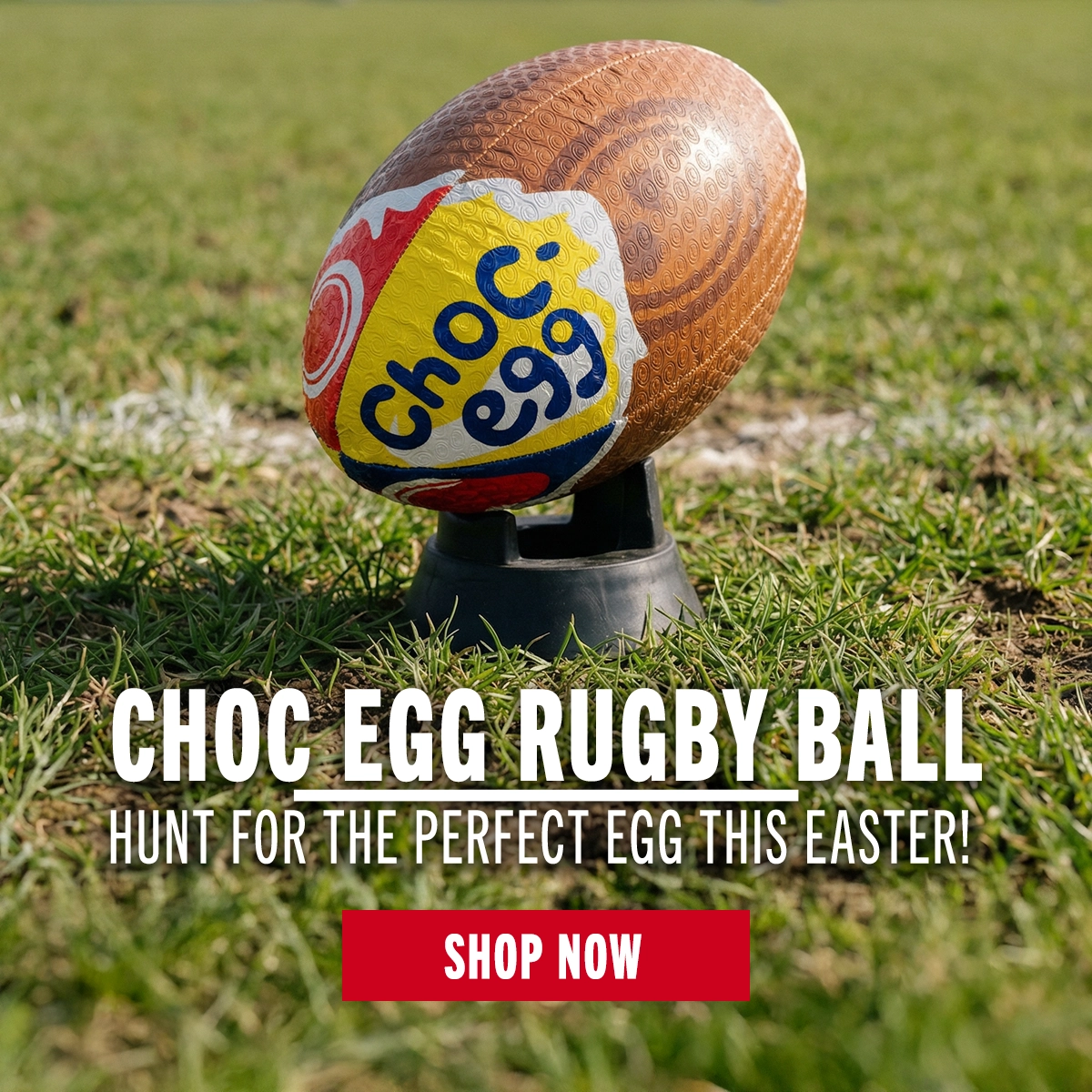 An Optimum choc egg rugby ball sitting on a kicking tee at a rugby pitch. Choc Egg Rugby Ball at Rugbystore