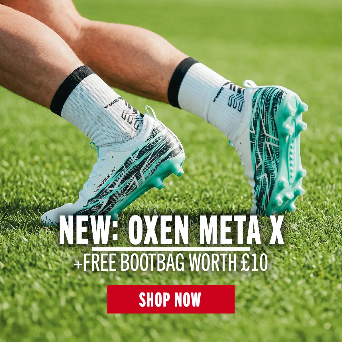 Image of a players legs driving forward as they wear a pair of the Oxen Meta X All Ground rugby boots