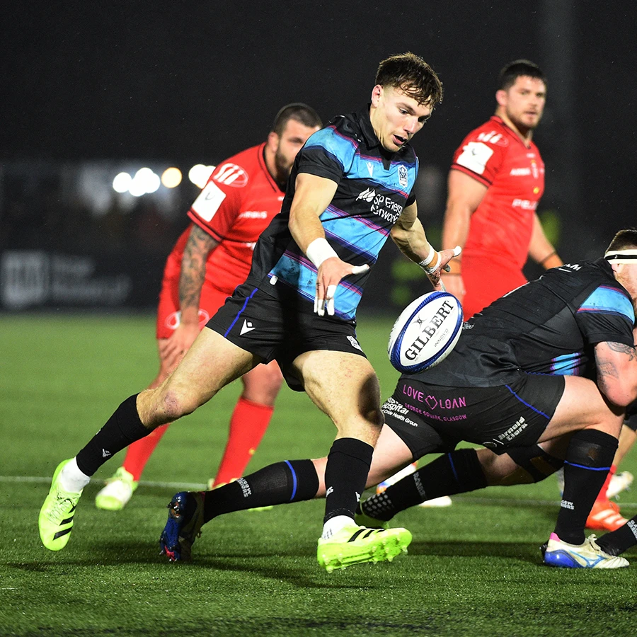 Jamie Dobie looks to box kick in the Glasgow Warriors win over Touluse in the Champions Cup Group Stage at Scotstoun.