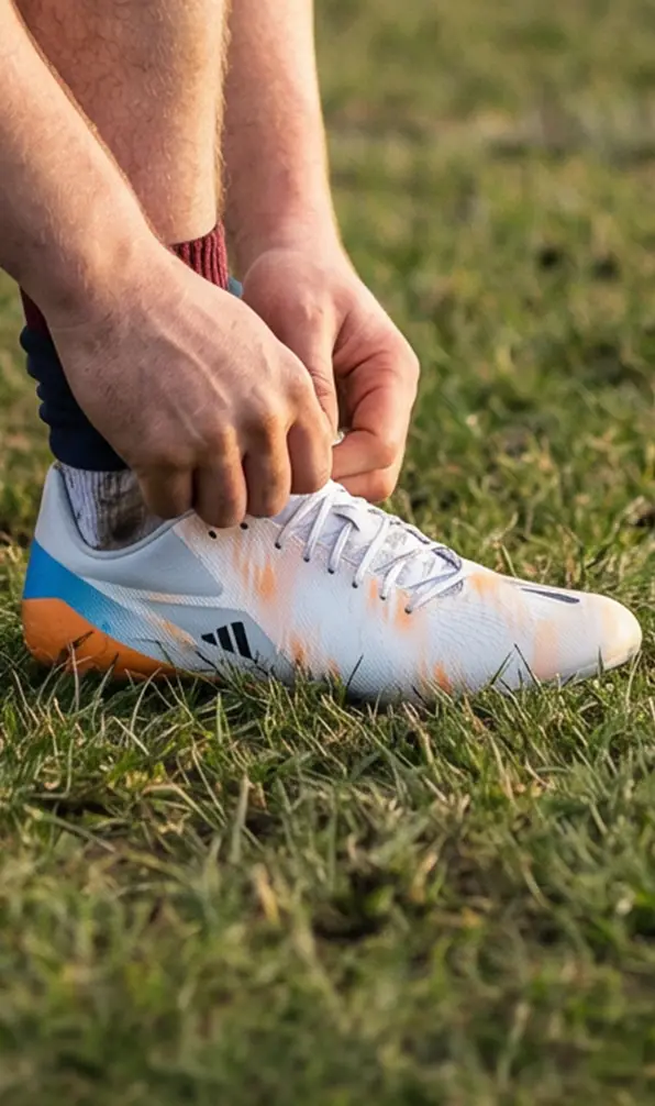 A close up image of an Adidas rugby boot, on a rugby pitch, with the lace being tied.