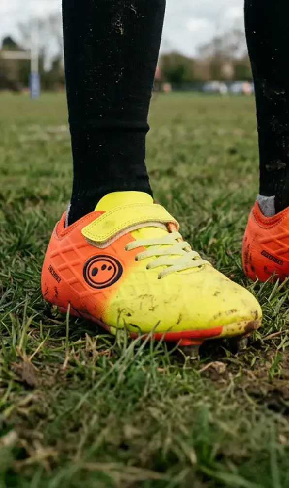 A close up image of a pair of Optimum rugby boots in yellow and orange.