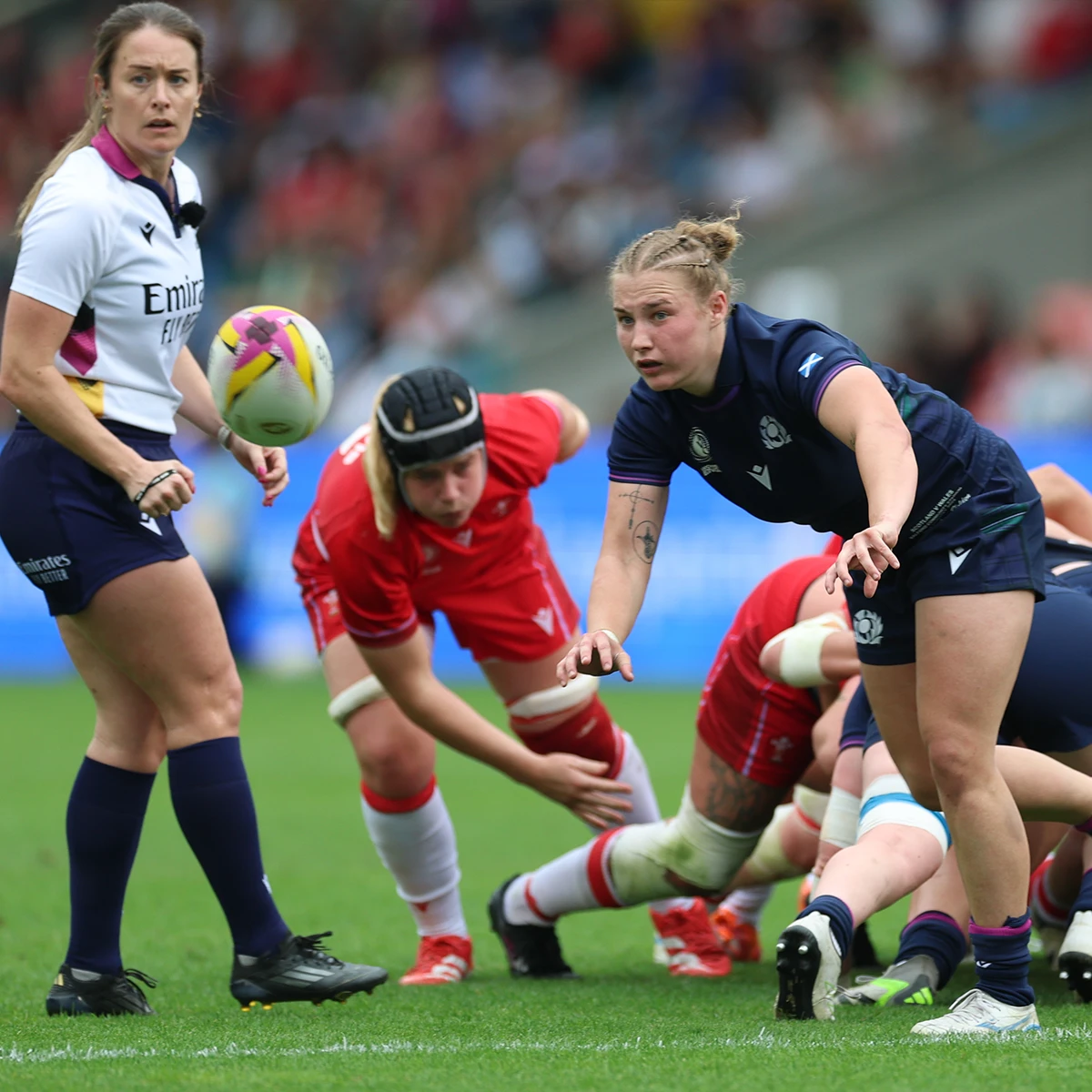 Scotland Women vs Wales Womens 2025 Womens Rugby World Cup Action shot of Scotland Women and Wales Women clashing in the group stage of the 2025 Women's Rugby World Cup.